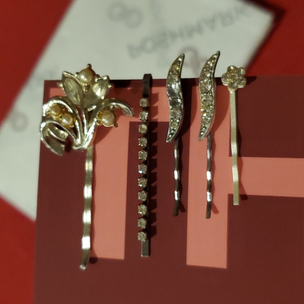 Lot of 5 Silvertone clear rhinestone bobby hair pins New retro vintage Prom